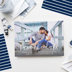 Modern Handwritten Script Wedding Photo Navy Save The Date