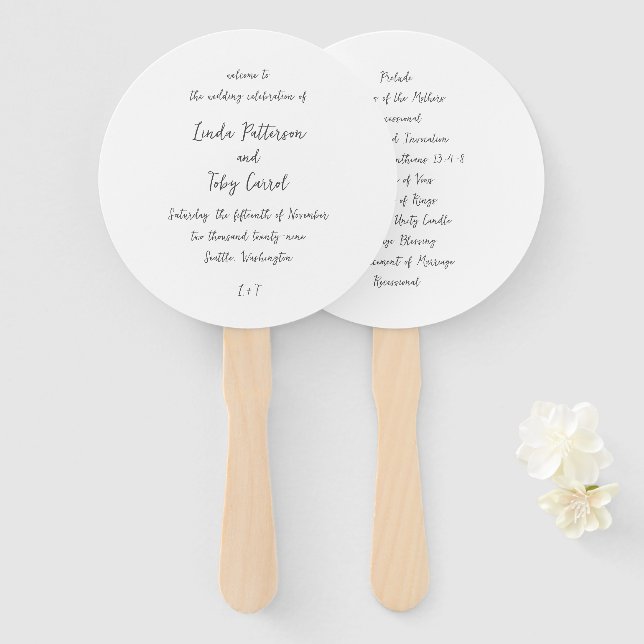 Modern Handwritten Simple Wedding Program Hand Fan (Front and Back)