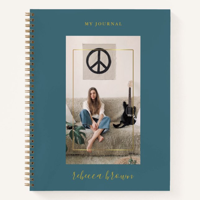 Modern Handwritten Teal Blue Gold Frame Notebook (Front)