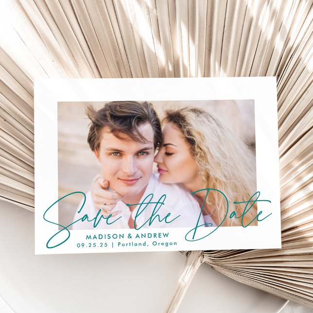 Modern Handwritten Teal Script Photo Save The Date (Creator Uploaded)