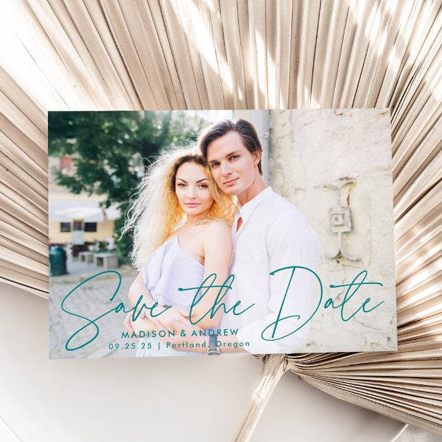 Modern Handwritten Teal Script Photo Save The Date (Creator Uploaded)