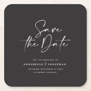 Modern handwritten typography wedding announcement square paper coaster