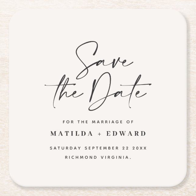 Modern handwritten typography wedding announcement square paper coaster (Front)
