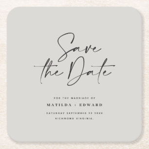 Modern handwritten typography wedding announcement square paper coaster