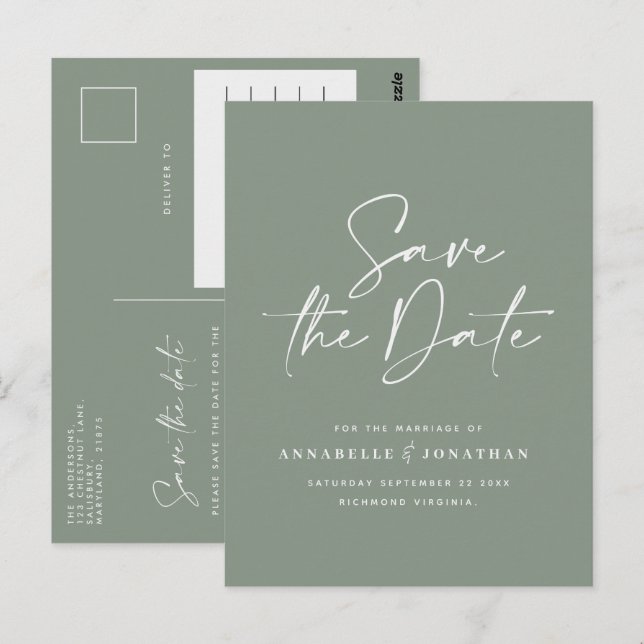 Modern handwritten typography wedding green postcard (Front/Back)