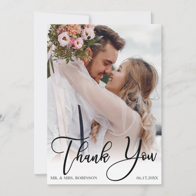 Modern Handwritten Wedding Photo Thank You Card (Front)