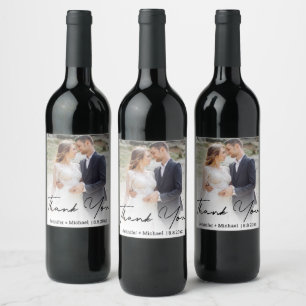 modern handwritten wedding  photo  thank you wine label