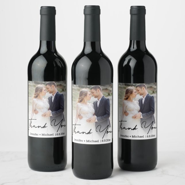modern handwritten wedding  photo  thank you wine label (Bottles)