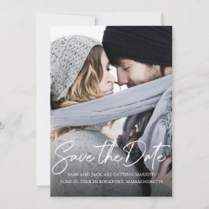 Modern Handwritten White Calligraphy Photo Save The Date