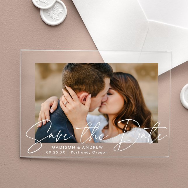 Modern Handwritten White Script Save the Date Acrylic Invitations (Creator Uploaded)