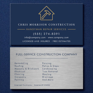 Modern Handyman Construction Metal Navy Blue Gold Business Card