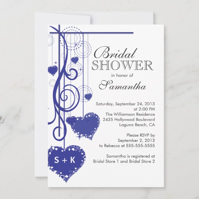 Modern Hanging Blue Hearts Bridal Shower Invitation (Front)