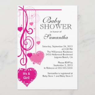 Modern Hanging Pink Hearts Baby Shower Invitation