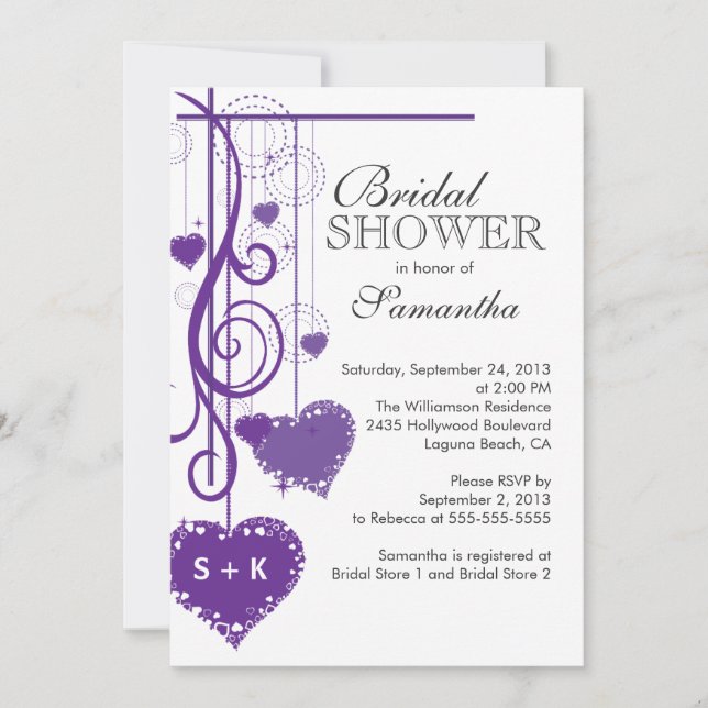 Modern Hanging Purple Hearts Bridal Shower Invitation (Front)