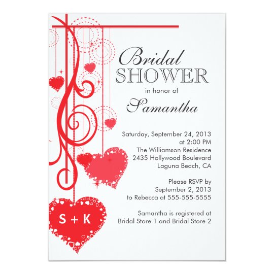 Modern Hanging Red Hearts Bridal Shower Card