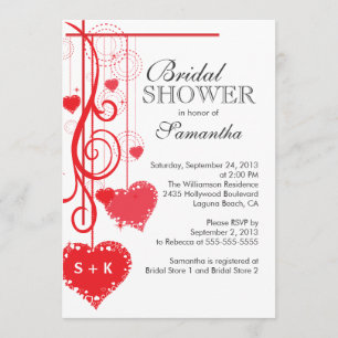 Modern Hanging Red Hearts Bridal Shower Invitation