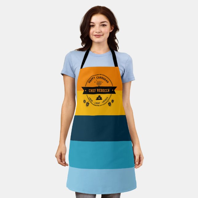Modern Hanukah Personalised Latke Striped Apron (Worn)