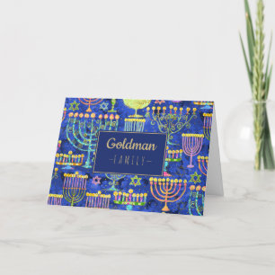 Modern Hanukkah Blue Gold Menorah Star of David Holiday Card