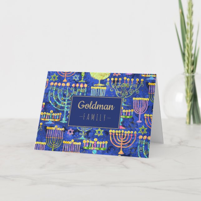 Modern Hanukkah Blue Gold Menorah Star of David Holiday Card (Front)