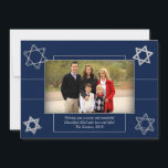 Modern Hanukkah Blue Silver Star of David Photo Holiday Card<br><div class="desc">Minimal classic silver Bar/Bat Mitzvah and Hanukkah modern Star of David against a solid background creates an elegant,  sophisticated design. For other coordinating colours or matching products,  visit JustFharryn @ Zazzle.com or contact the designer,  c/o Fharryn@yahoo.com  All rights reserved. #zazzlemade #christmasdecor</div>