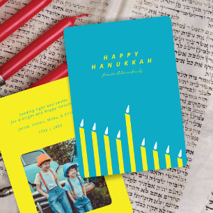 Modern Hanukkah Candle Teal & Yellow Photo  Holiday Card