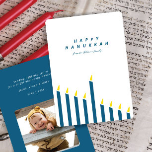 Modern Hanukkah Candle White & Teal Photo  Holiday Card