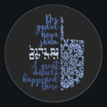 Modern Hanukkah Dreidel Miracle Stickers<br><div class="desc">Beautiful message in Hebrew and English this modern designed Hanukkah Dreidel Round Sticker with black background is just gorgeous! Measuring 1.5x1.5 inches/20 per sheet these labels are perfect for envelope seals,  party favours & more!</div>