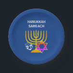 Modern HANUKKAH SAMEACH  Paper Plate<br><div class="desc">Modern, stylish HANUKKAH paper plates, designed with faux gold menorah, colourful Star of David and white dreidel plus CUSTOMIZABLE GREETING - HANUKKAH SAMEACH, so you can create your own greeting, eg. Happy Chanukah, add your name, etc. Ideal for Hanukkah season. Choose from a wide section of Hanukkah clothing and gifts,...</div>