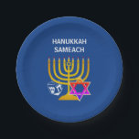Modern HANUKKAH SAMEACH Paper Plate<br><div class="desc">Modern, stylish HANUKKAH paper plates, designed with faux gold menorah, colourful Star of David and white dreidel plus CUSTOMIZABLE GREETING - HANUKKAH SAMEACH, so you can create your own greeting, eg. Happy Chanukah, add your name, etc. Ideal for Hanukkah season. Choose from a wide section of Hanukkah clothing and gifts,...</div>