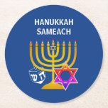 Modern HANUKKAH SAMEACH  Round Paper Coaster<br><div class="desc">Modern, stylish HANUKKAH round paper coaster, designed with faux gold menorah, colourful Star of David and white dreidel plus CUSTOMIZABLE GREETING - HANUKKAH SAMEACH, so you can create your own greeting, eg. Happy Chanukah. Ideal for Hanukkah season. Choose from a wide section of Hanukkah clothing and gifts, designed by Berean...</div>
