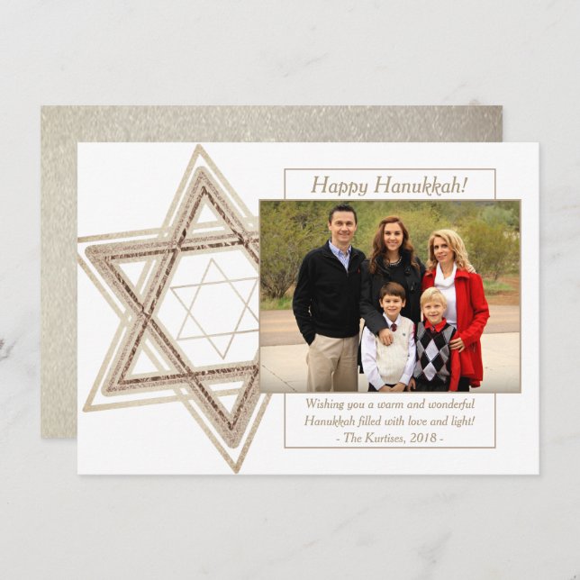Modern Hanukkah Sepia Gold Star of David Photo Holiday Card (Front/Back)