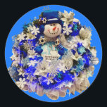 Modern Hanukkah Star of David Snowman Wreath  Classic Round Sticker<br><div class="desc">Celebrate the Jewish holidays and winter season with these beautiful stickers (labels). What a beautiful touch to your cards, envelopes, gift wrap, favour bags, or food jars. Also makes the perfect little gift for children during the Festival of Lights. This modern design features a happy snowman wearing a blue velvet...</div>