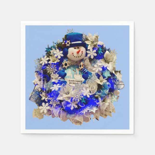 Modern Hanukkah Star of David Snowman Wreath  Napkin (Front)