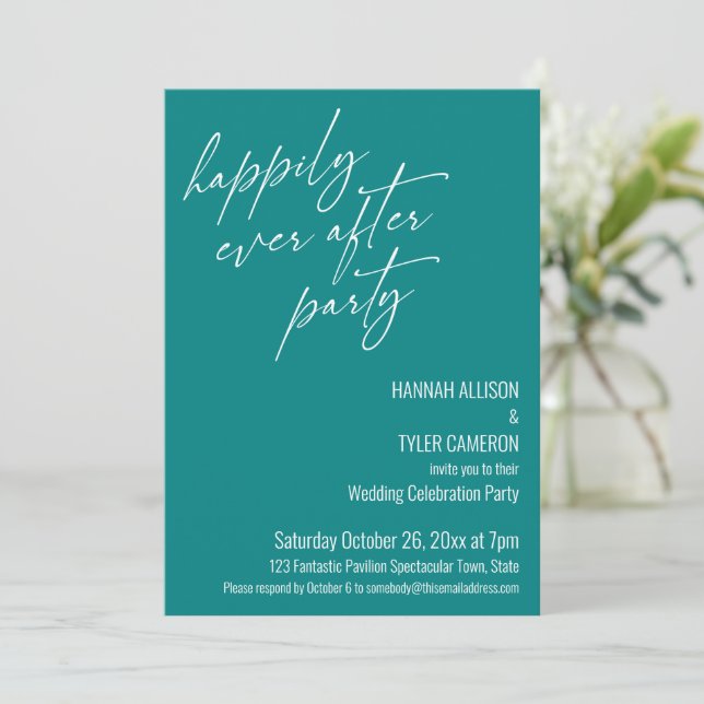 Modern Happily Ever After Party Teal Reception Invitation (Standing Front)