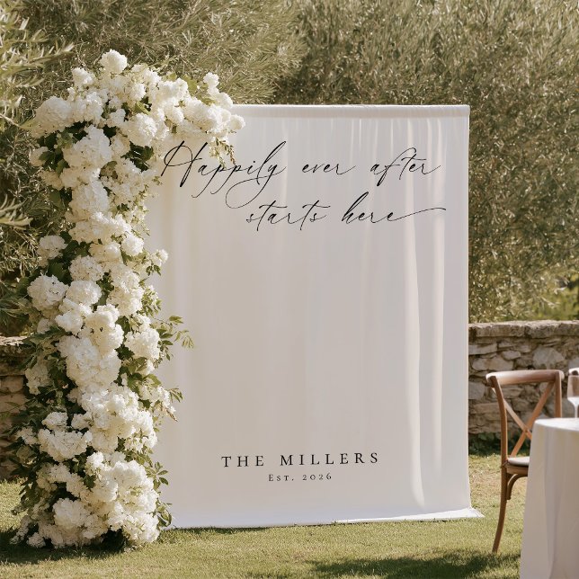 Modern Happily Ever After Wedding Backdrop Tapestry (Black and white wedding outdoors tapestry backdrop Happily ever after starts here)