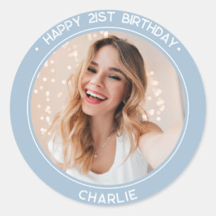 Modern Happy 21st Birthday Dusty Blue Photo  Classic Round Sticker