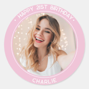 Modern Happy 21st Birthday Photo Pink Classic Round Sticker