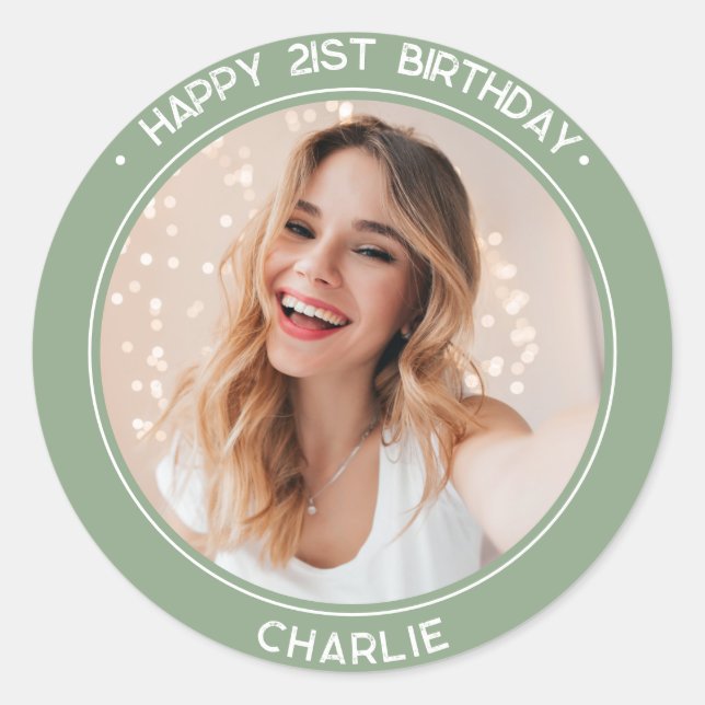 Modern Happy 21st Birthday sage green Photo  Classic Round Sticker (Front)