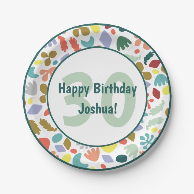 Modern Happy 30th Birthday Custom Name Paper Plate (Front)