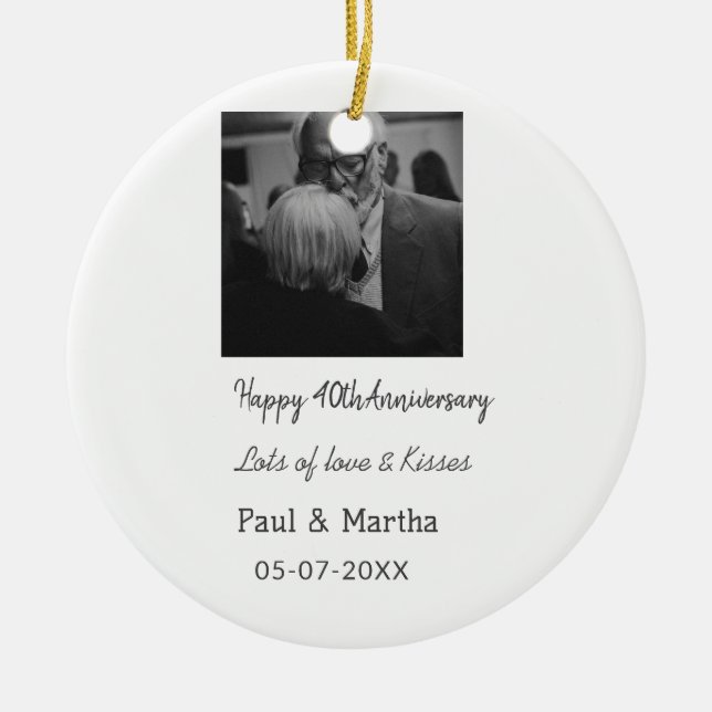 Modern happy 40th anniversary add name date photo ceramic tree decoration (Front)
