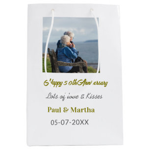 Modern happy 50th anniversary add name date photo  medium gift bag