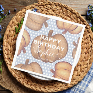 Modern Happy Birthday Blue & Orange Pumpkin Party Napkin