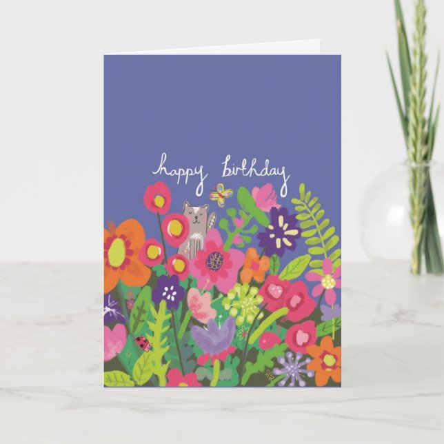 Modern Happy Birthday Floral Cat Garden Card (Front)