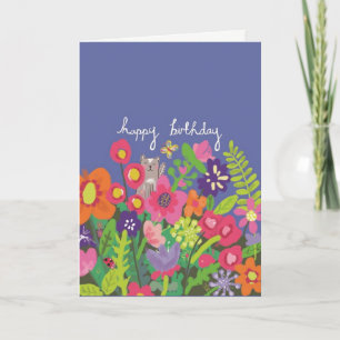 Modern Happy Birthday Floral Cat Garden Card