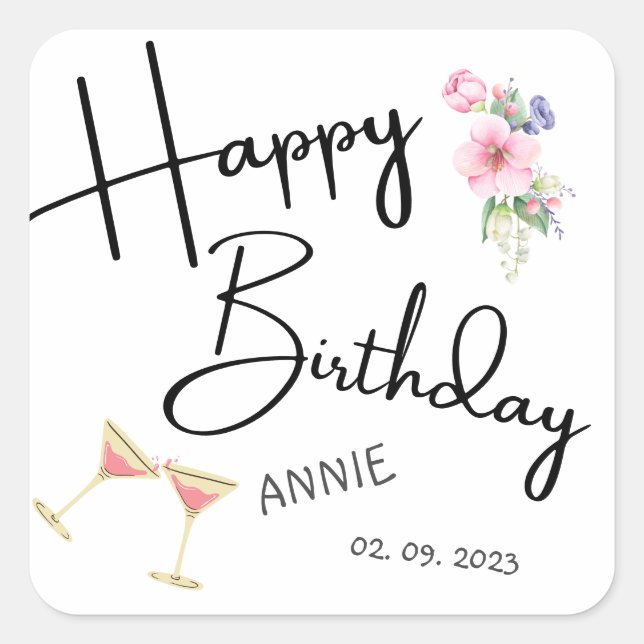 Modern happy birthday personalised square sticker (Front)