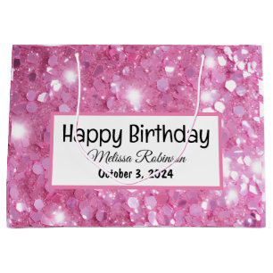 Modern Happy Birthday Pink Glitter  Large Gift Bag