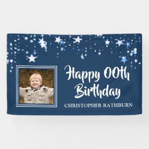 Modern HAPPY # Birthday Stars Photo Name Blue Banner