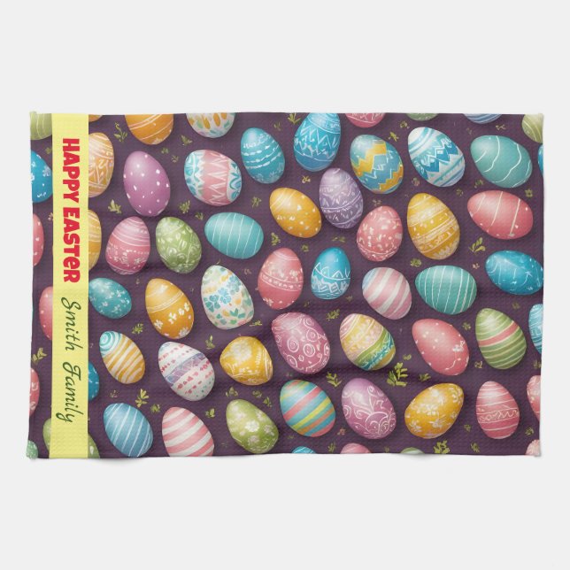 Modern Happy Easter Eggs Collection Tea Towel (Horizontal)
