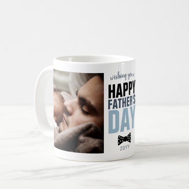 Modern Happy Father's Day Two Photo Blue Bowtie Coffee Mug (Front Left)