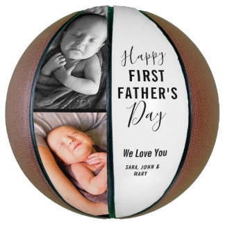 Modern Happy First Father’s Day White 2 Photo Name Basketball